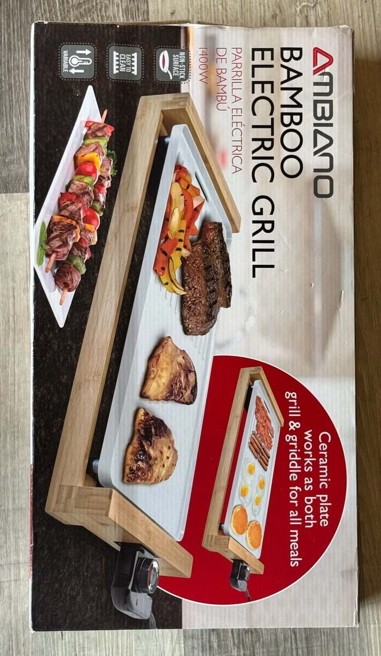 Ambiano Bamboo Electric Grill Non Stick Ceramic Grill Plate 1400W New in Box